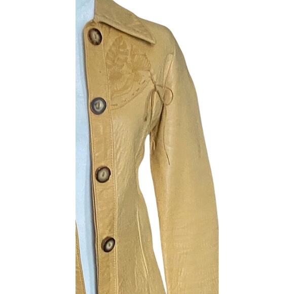 Vtg Santa Fe Leather floral embossed Shirt jacket womens S tan western boho USA - Picture 3 of 16